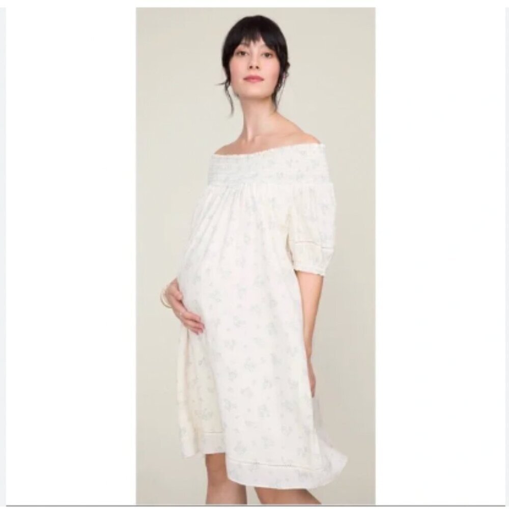 Hatch Leona Dress Womens Small Cream Green Floral Puff Sleeve Smocked Babydoll